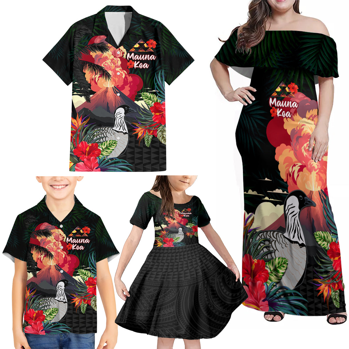 Hawaii Mauna Kea Family Matching Off Shoulder Maxi Dress and Hawaiian Shirt White Mountain With Nene Tropical Vibes LT14 - Polynesian Pride