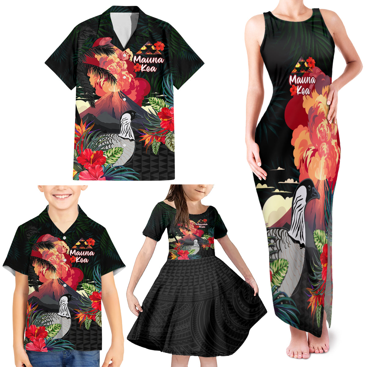 Hawaii Mauna Kea Family Matching Tank Maxi Dress and Hawaiian Shirt White Mountain With Nene Tropical Vibes LT14 - Polynesian Pride