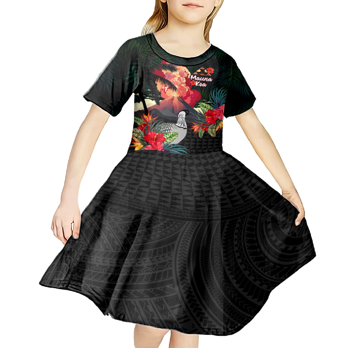 Hawaii Mauna Kea Kid Short Sleeve Dress White Mountain With Nene Tropical Vibes LT14 - Polynesian Pride