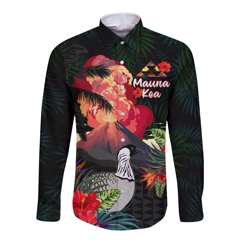 Hawaii Mauna Kea Long Sleeve Button Shirt White Mountain With Nene Tropical Vibes LT14 Unisex Black - Polynesian Pride
