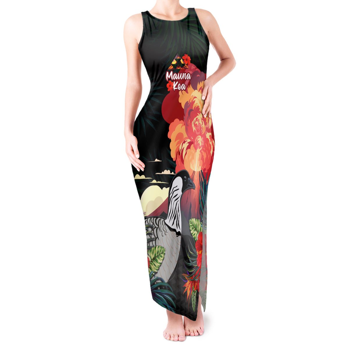 Hawaii Mauna Kea Tank Maxi Dress White Mountain With Nene Tropical Vibes LT14 Women Black - Polynesian Pride