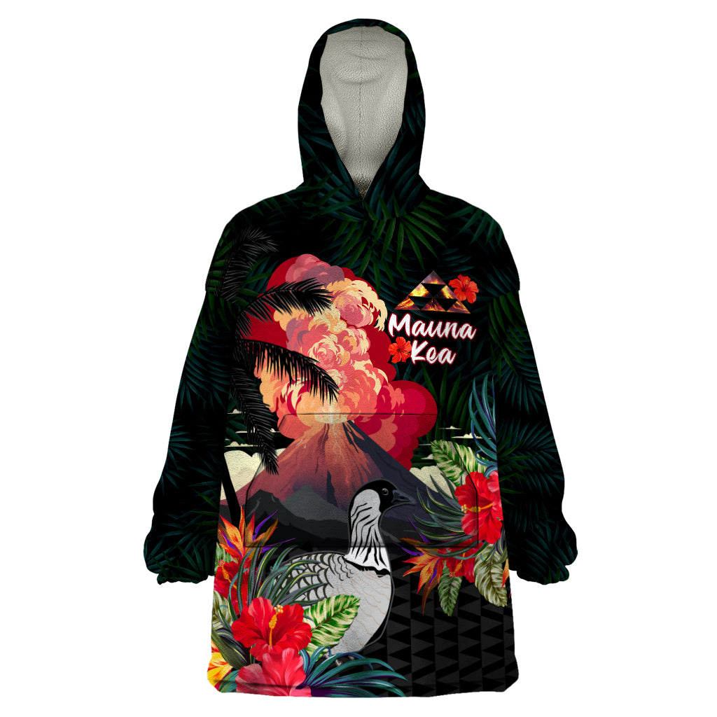 Hawaii Mauna Kea Wearable Blanket Hoodie White Mountain With Nene Tropical Vibes LT14 One Size Black - Polynesian Pride