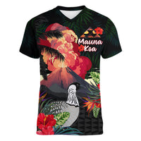 Hawaii Mauna Kea Women V Neck T Shirt White Mountain With Nene Tropical Vibes LT14 Female Black - Polynesian Pride