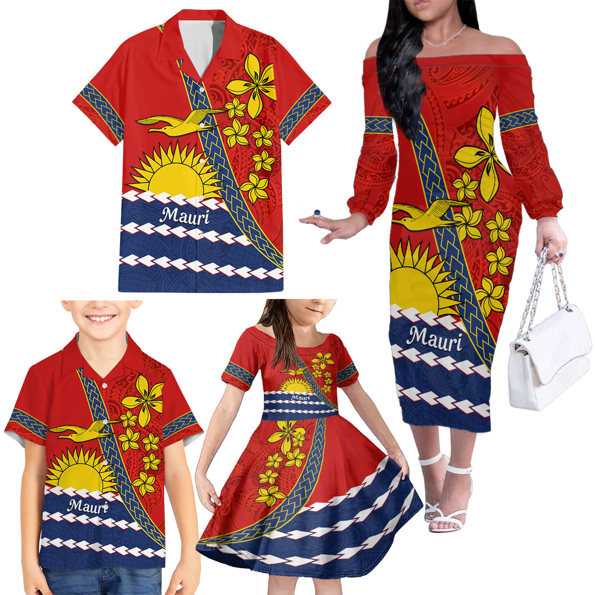 Personalised Mauri Kiribati Family Matching Off Shoulder Long Sleeve Dress and Hawaiian Shirt Polynesian Ribaberiki Flag Style Mix Plumeria LT14 - Polynesian Pride