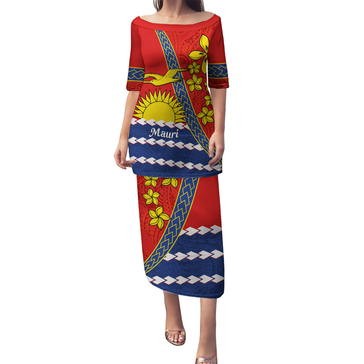 Personalised Mauri Kiribati Family Matching Puletasi and Hawaiian Shirt Polynesian Ribaberiki Flag Style Mix Plumeria LT14 Mom's Dress Red - Polynesian Pride
