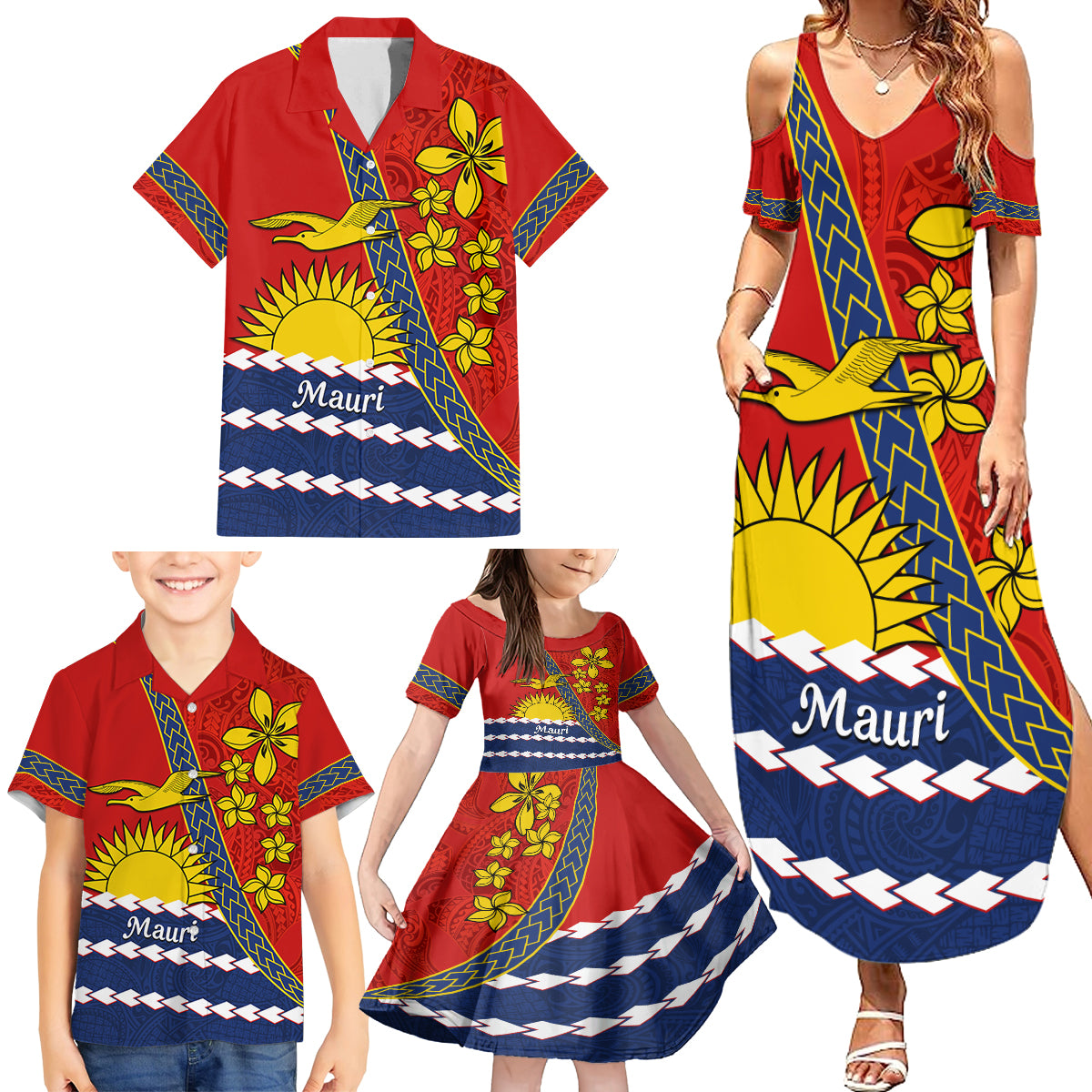 Personalised Mauri Kiribati Family Matching Summer Maxi Dress and Hawaiian Shirt Polynesian Ribaberiki Flag Style Mix Plumeria LT14 - Polynesian Pride