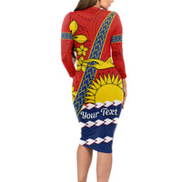 Personalised Mauri Kiribati Long Sleeve Bodycon Dress Polynesian Ribaberiki Flag Style Mix Plumeria LT14 - Polynesian Pride