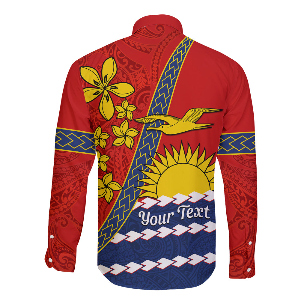 Personalised Mauri Kiribati Long Sleeve Button Shirt Polynesian Ribaberiki Flag Style Mix Plumeria LT14 - Polynesian Pride