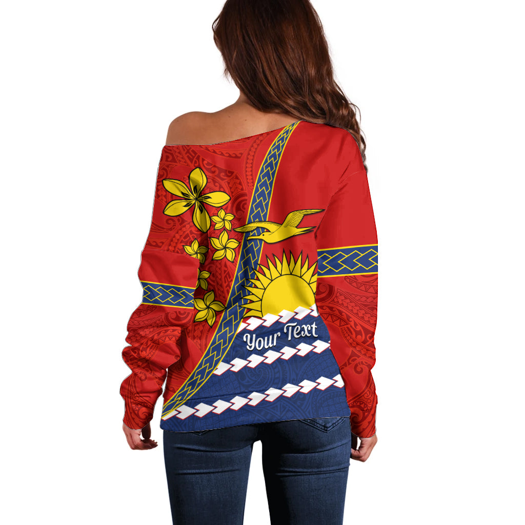 Personalised Mauri Kiribati Off Shoulder Sweater Polynesian Ribaberiki Flag Style Mix Plumeria LT14 - Polynesian Pride