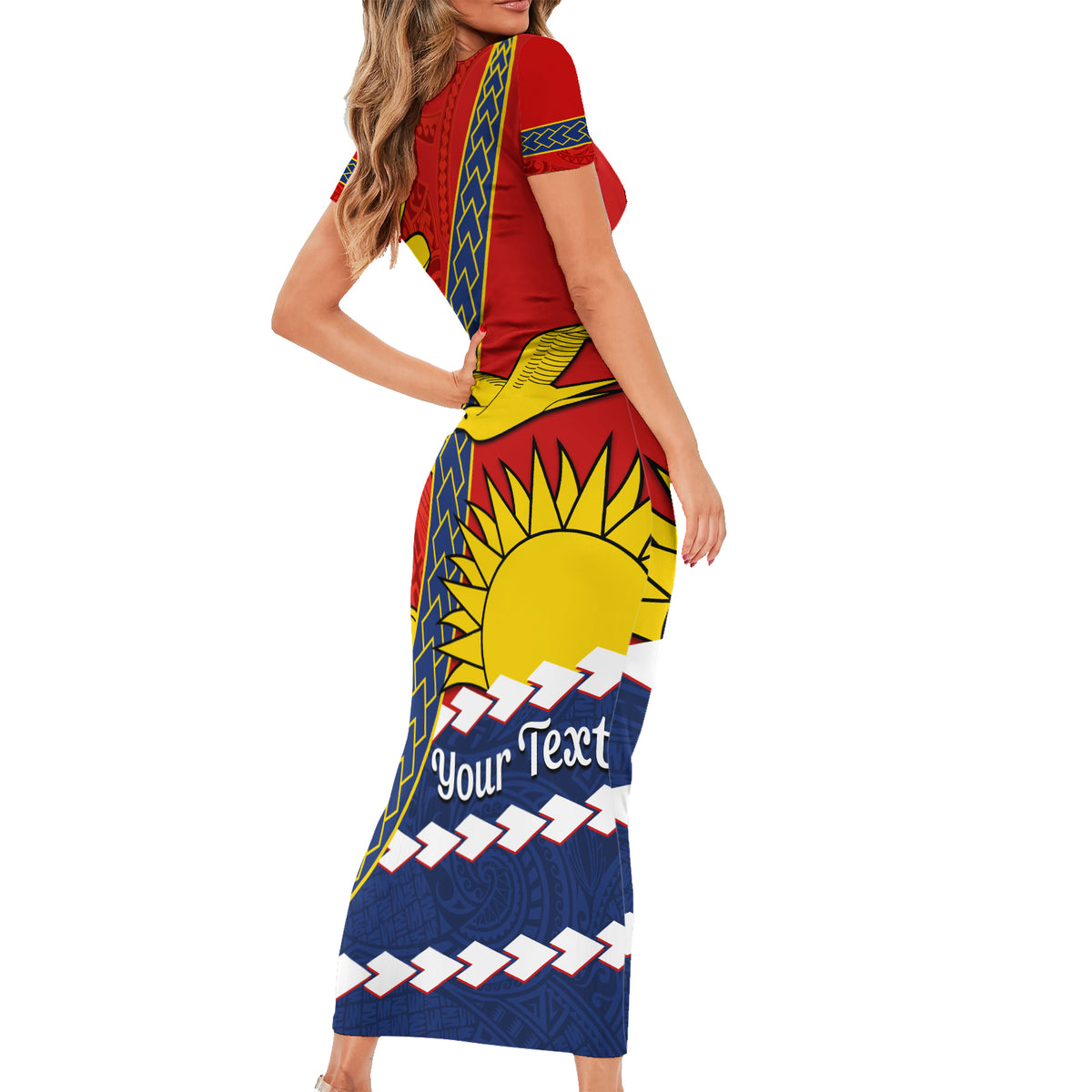 Personalised Mauri Kiribati Short Sleeve Bodycon Dress Polynesian Ribaberiki Flag Style Mix Plumeria LT14 - Polynesian Pride