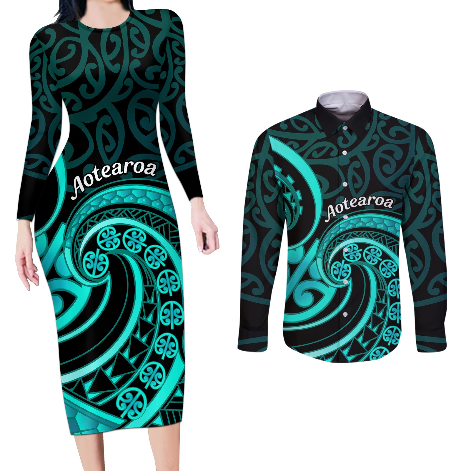 Turquoise New Zealand Mangopare Couples Matching Long Sleeve Bodycon Dress and Long Sleeve Button Shirt Aotearoa Maori Koru Style LT14 Turquoise - Polynesian Pride