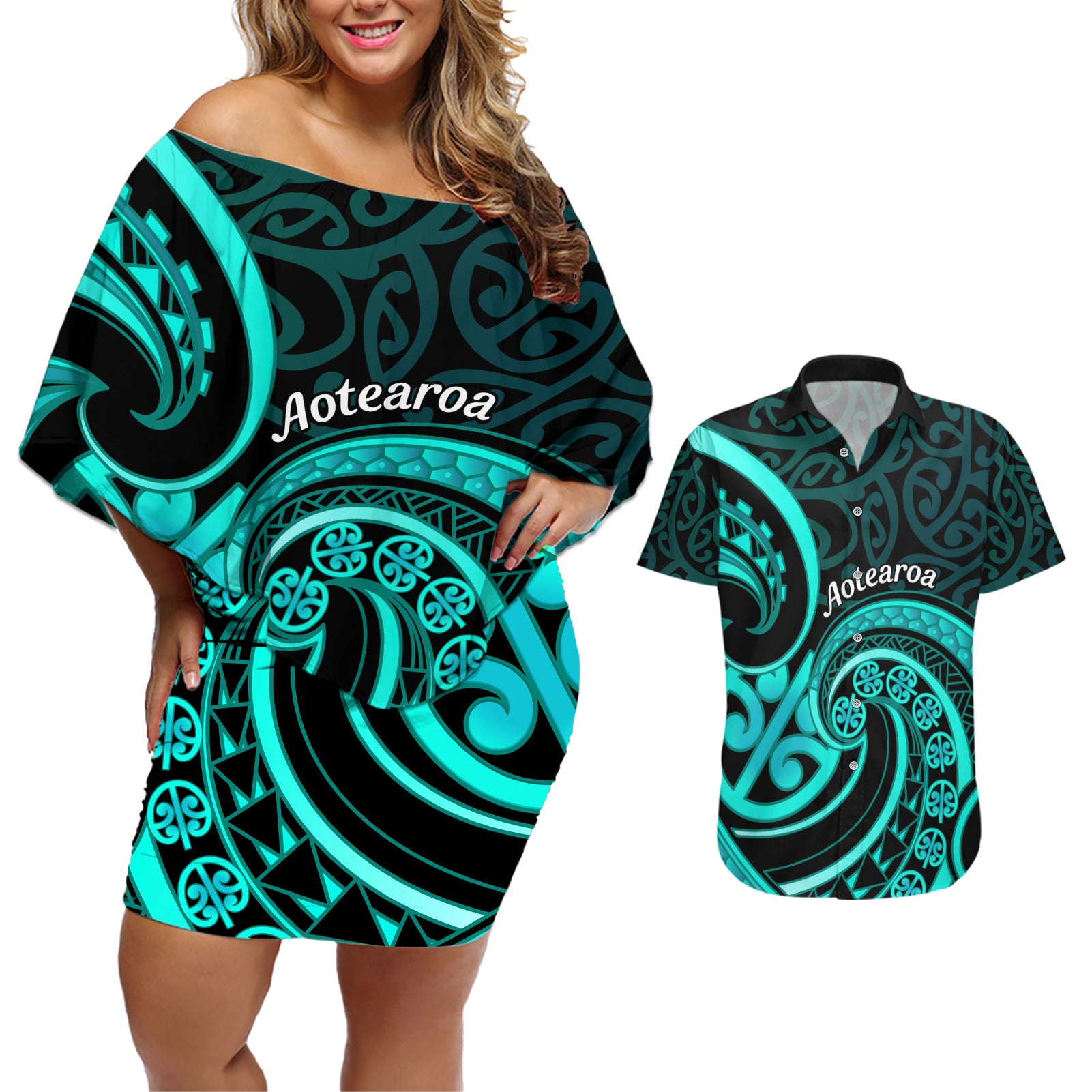 Turquoise New Zealand Mangopare Couples Matching Off Shoulder Short Dress and Hawaiian Shirt Aotearoa Maori Koru Style LT14 Turquoise - Polynesian Pride