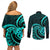 Turquoise New Zealand Mangopare Couples Matching Off Shoulder Short Dress and Long Sleeve Button Shirt Aotearoa Maori Koru Style LT14 - Polynesian Pride