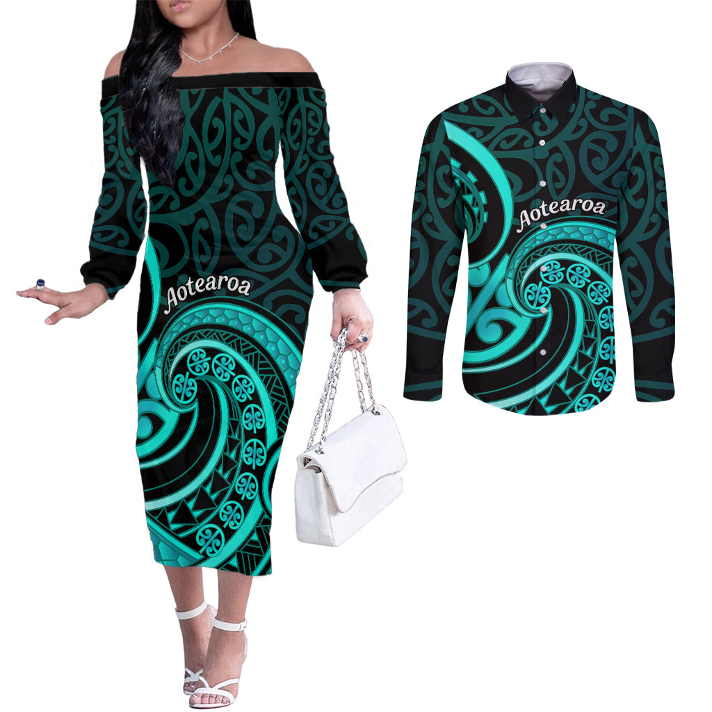 Turquoise New Zealand Mangopare Couples Matching Off The Shoulder Long Sleeve Dress and Long Sleeve Button Shirt Aotearoa Maori Koru Style LT14 Turquoise - Polynesian Pride