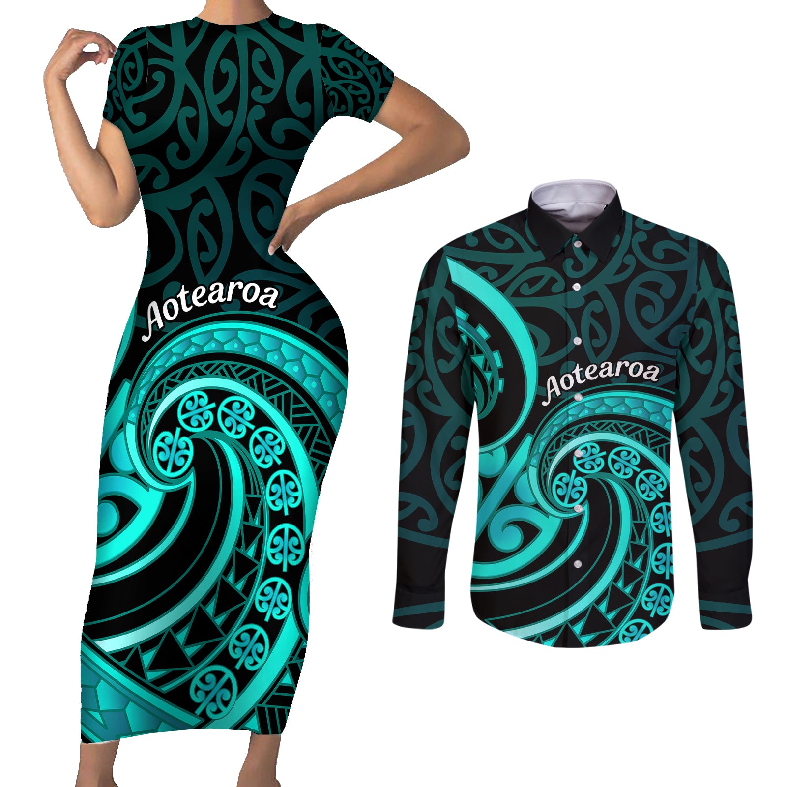 Turquoise New Zealand Mangopare Couples Matching Short Sleeve Bodycon Dress and Long Sleeve Button Shirt Aotearoa Maori Koru Style LT14 Turquoise - Polynesian Pride