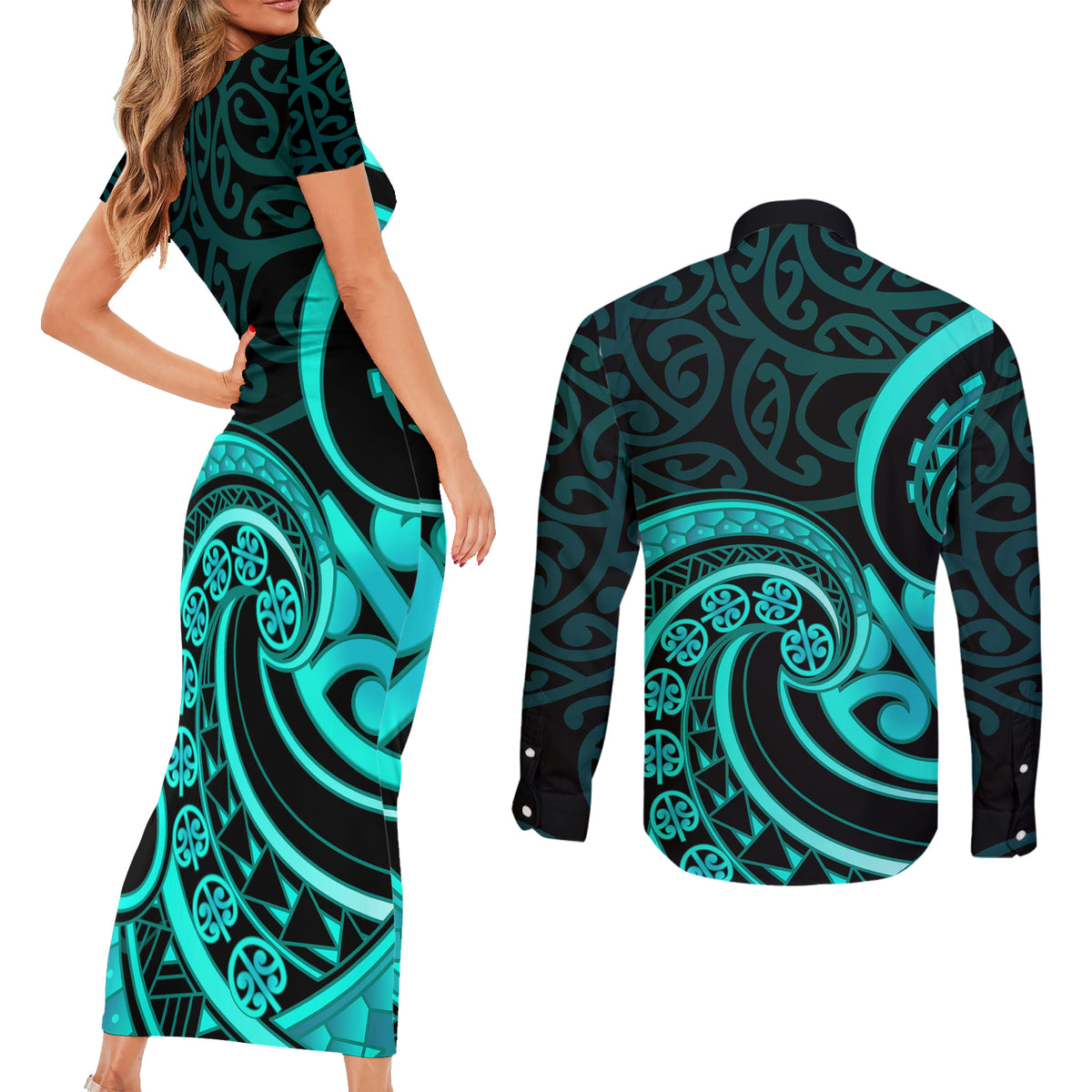 Turquoise New Zealand Mangopare Couples Matching Short Sleeve Bodycon Dress and Long Sleeve Button Shirt Aotearoa Maori Koru Style LT14 - Polynesian Pride