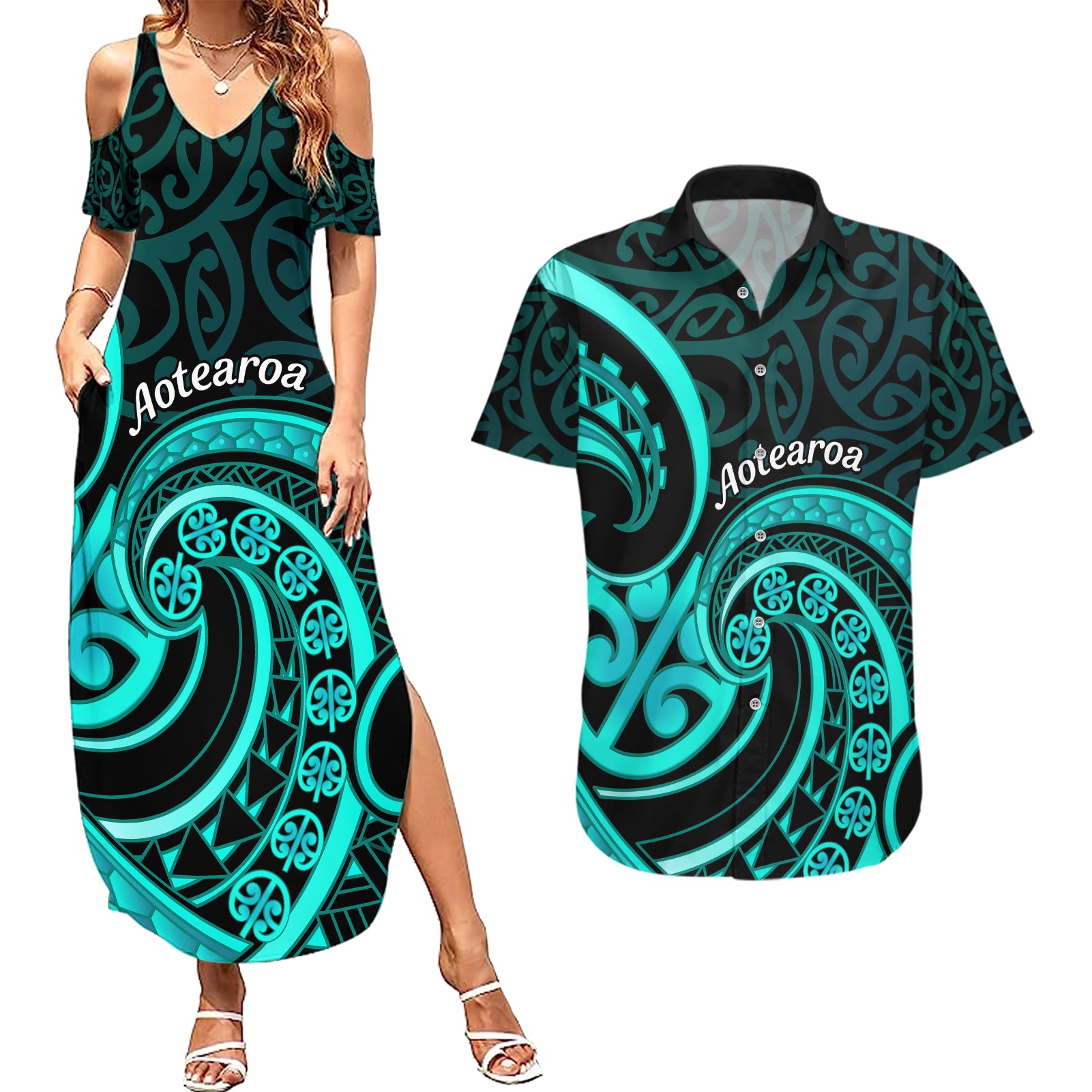 Turquoise New Zealand Mangopare Couples Matching Summer Maxi Dress and Hawaiian Shirt Aotearoa Maori Koru Style LT14 Turquoise - Polynesian Pride