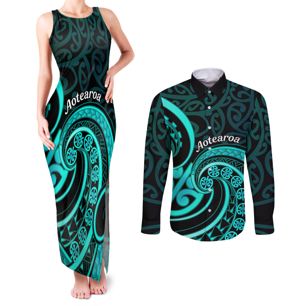 Turquoise New Zealand Mangopare Couples Matching Tank Maxi Dress and Long Sleeve Button Shirt Aotearoa Maori Koru Style LT14 Turquoise - Polynesian Pride