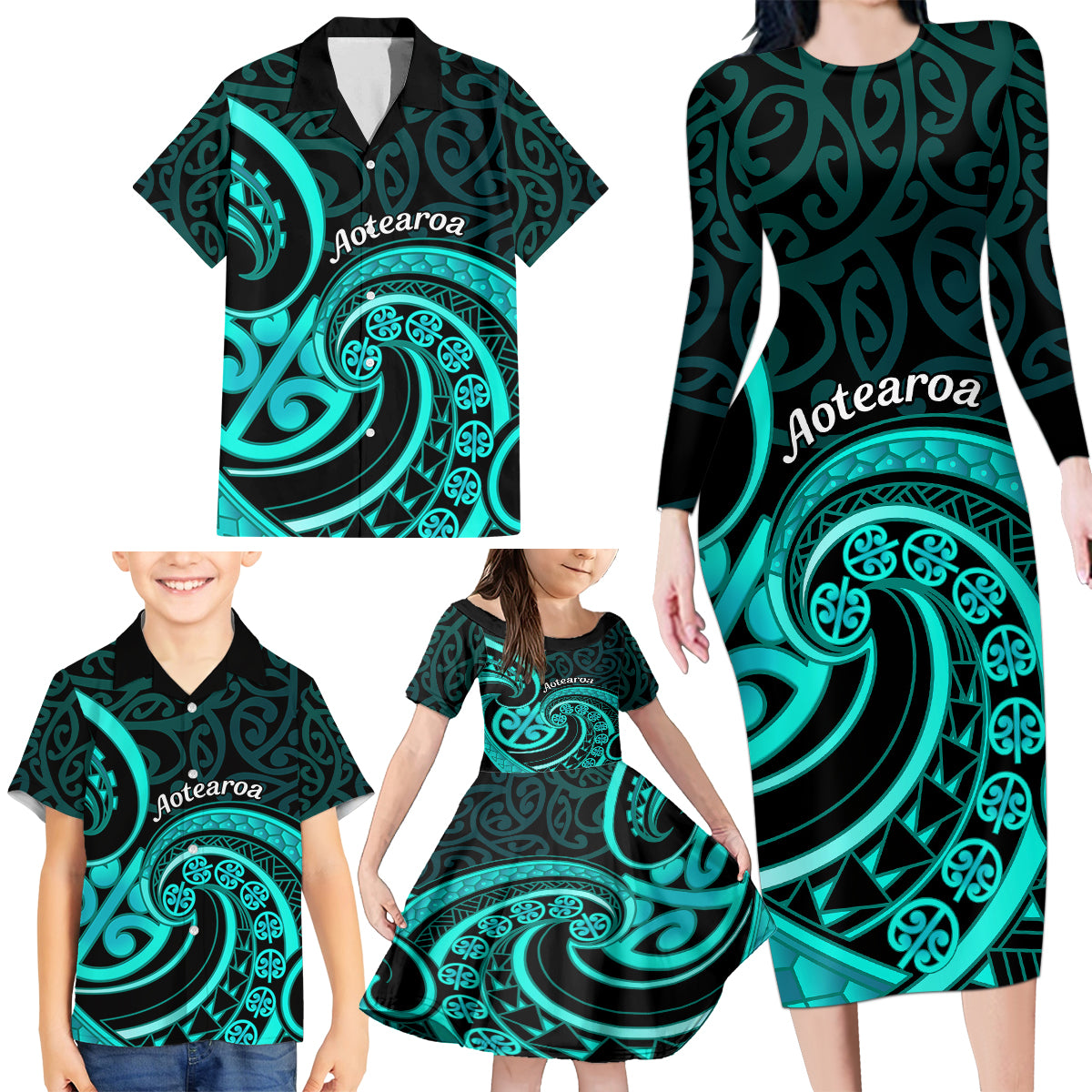 Turquoise New Zealand Mangopare Family Matching Long Sleeve Bodycon Dress and Hawaiian Shirt Aotearoa Maori Koru Style LT14 - Polynesian Pride