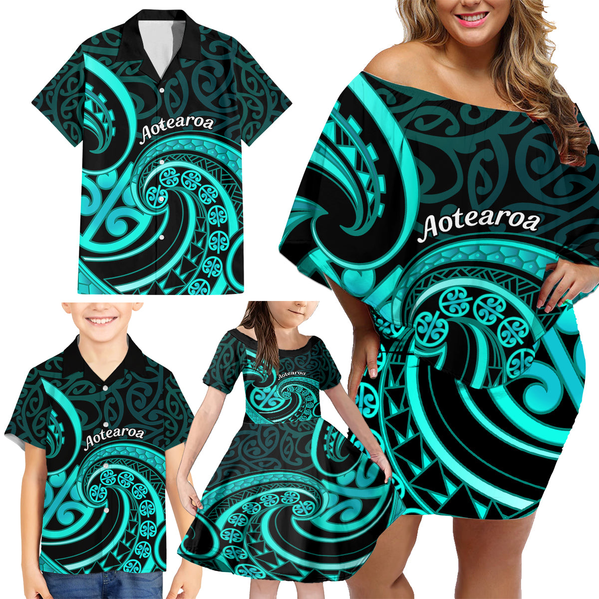 Turquoise New Zealand Mangopare Family Matching Off Shoulder Short Dress and Hawaiian Shirt Aotearoa Maori Koru Style LT14 - Polynesian Pride