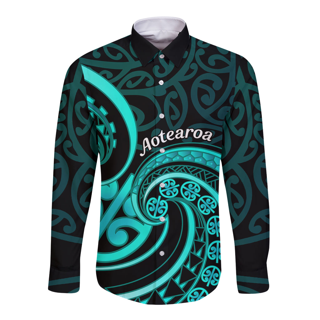 Turquoise New Zealand Mangopare Long Sleeve Button Shirt Aotearoa Maori Koru Style LT14 Unisex Turquoise - Polynesian Pride