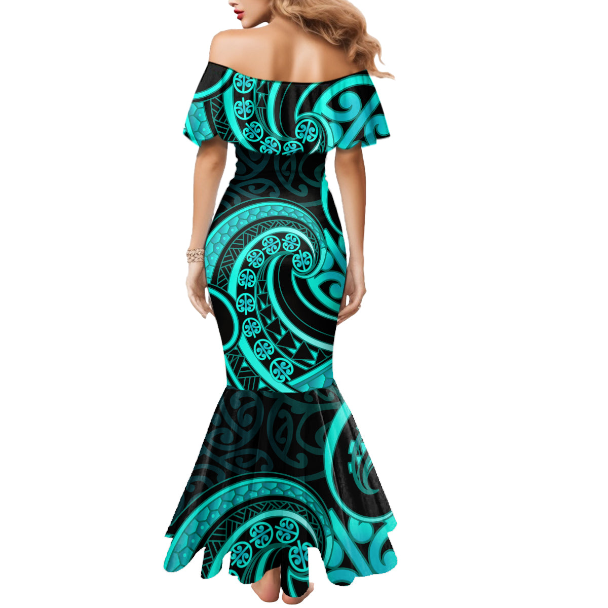 Turquoise New Zealand Mangopare Mermaid Dress Aotearoa Maori Koru Style LT14 - Polynesian Pride