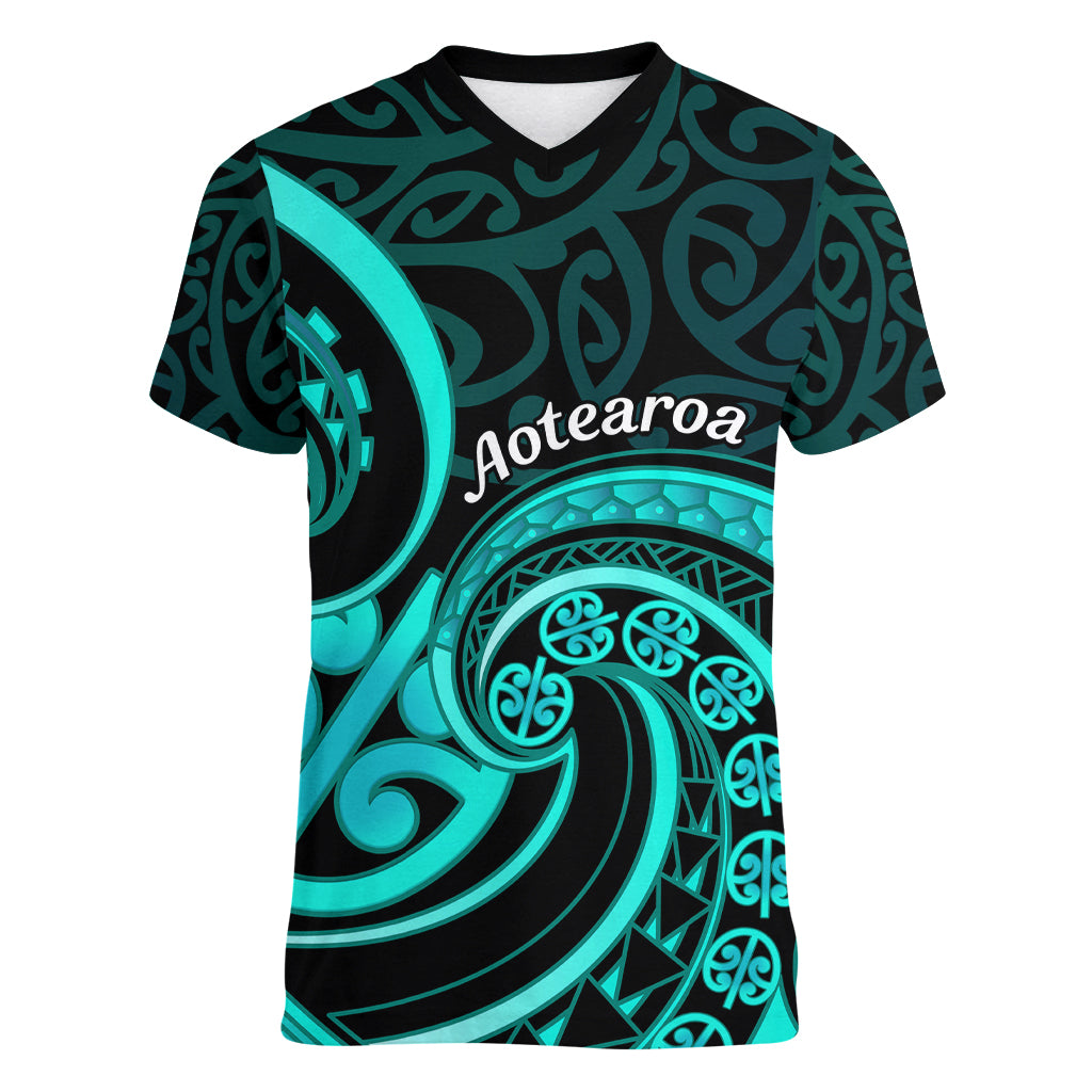 Turquoise New Zealand Mangopare Women V Neck T Shirt Aotearoa Maori Koru Style LT14 Female Turquoise - Polynesian Pride