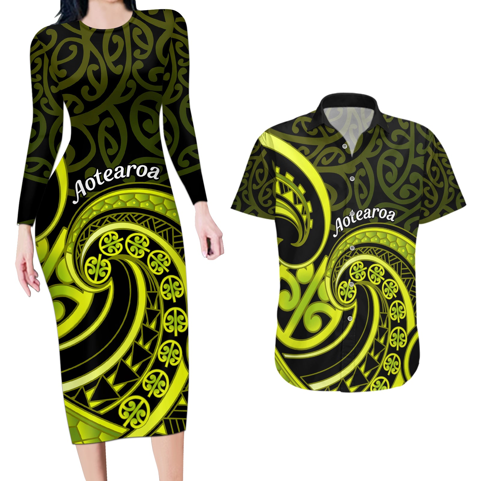 Lime Green New Zealand Mangopare Couples Matching Long Sleeve Bodycon Dress and Hawaiian Shirt Aotearoa Maori Koru Style LT14 Lime Green - Polynesian Pride