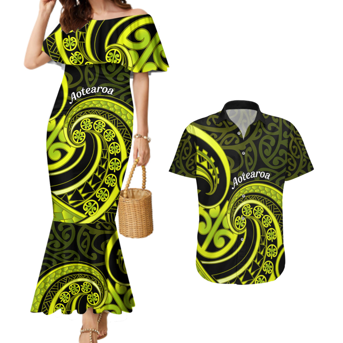 Lime Green New Zealand Mangopare Couples Matching Mermaid Dress and Hawaiian Shirt Aotearoa Maori Koru Style LT14 Lime Green - Polynesian Pride