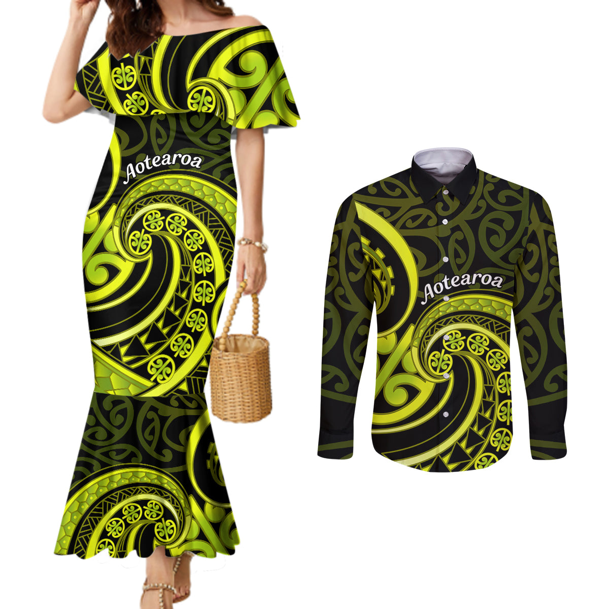 Lime Green New Zealand Mangopare Couples Matching Mermaid Dress and Long Sleeve Button Shirt Aotearoa Maori Koru Style LT14 Lime Green - Polynesian Pride