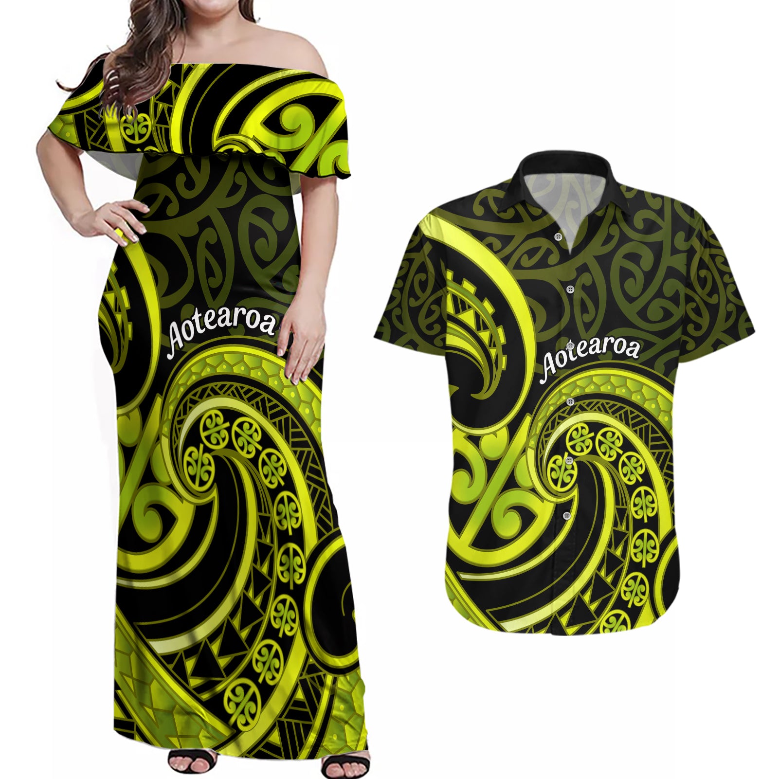 Lime Green New Zealand Mangopare Couples Matching Off Shoulder Maxi Dress and Hawaiian Shirt Aotearoa Maori Koru Style LT14 Lime Green - Polynesian Pride