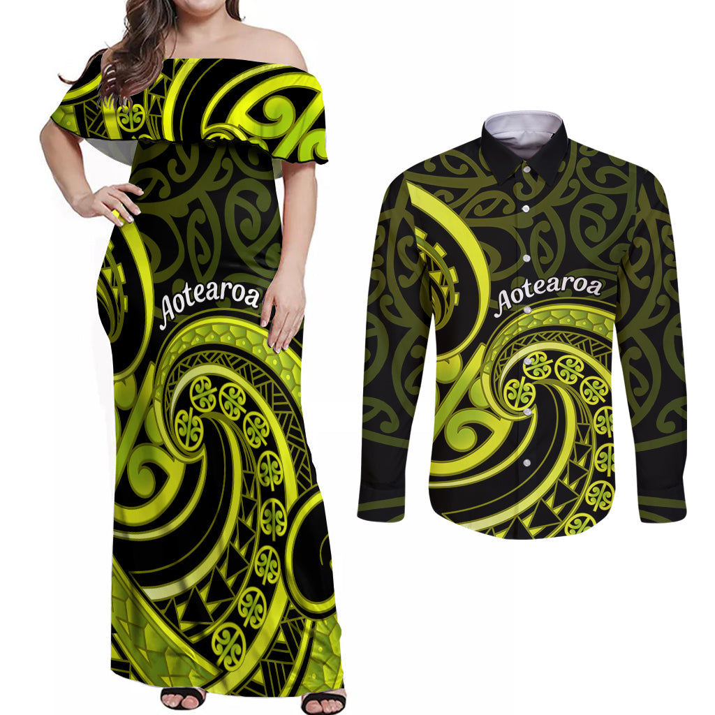 Lime Green New Zealand Mangopare Couples Matching Off Shoulder Maxi Dress and Long Sleeve Button Shirt Aotearoa Maori Koru Style LT14 Lime Green - Polynesian Pride