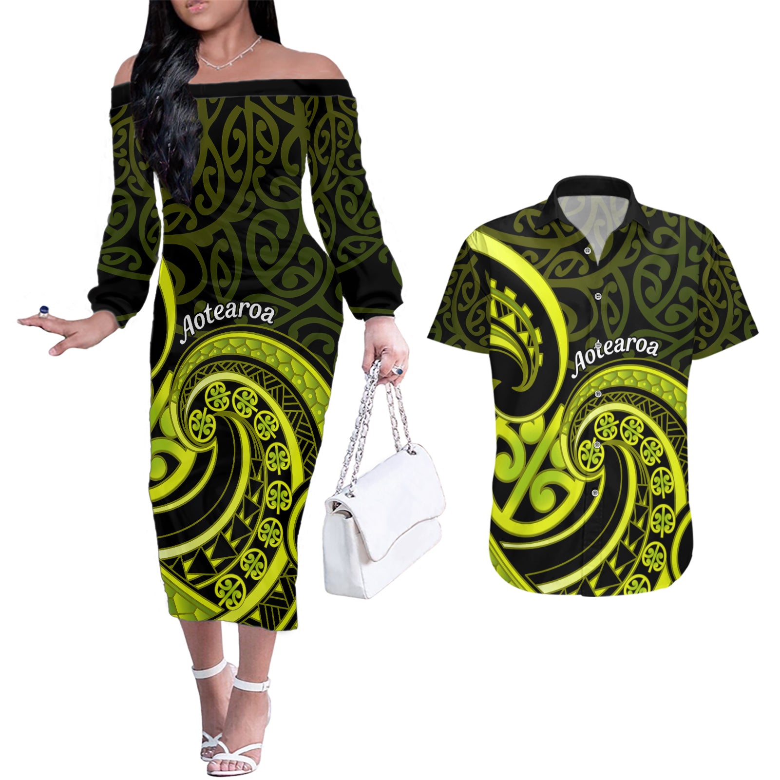 Lime Green New Zealand Mangopare Couples Matching Off The Shoulder Long Sleeve Dress and Hawaiian Shirt Aotearoa Maori Koru Style LT14 Lime Green - Polynesian Pride