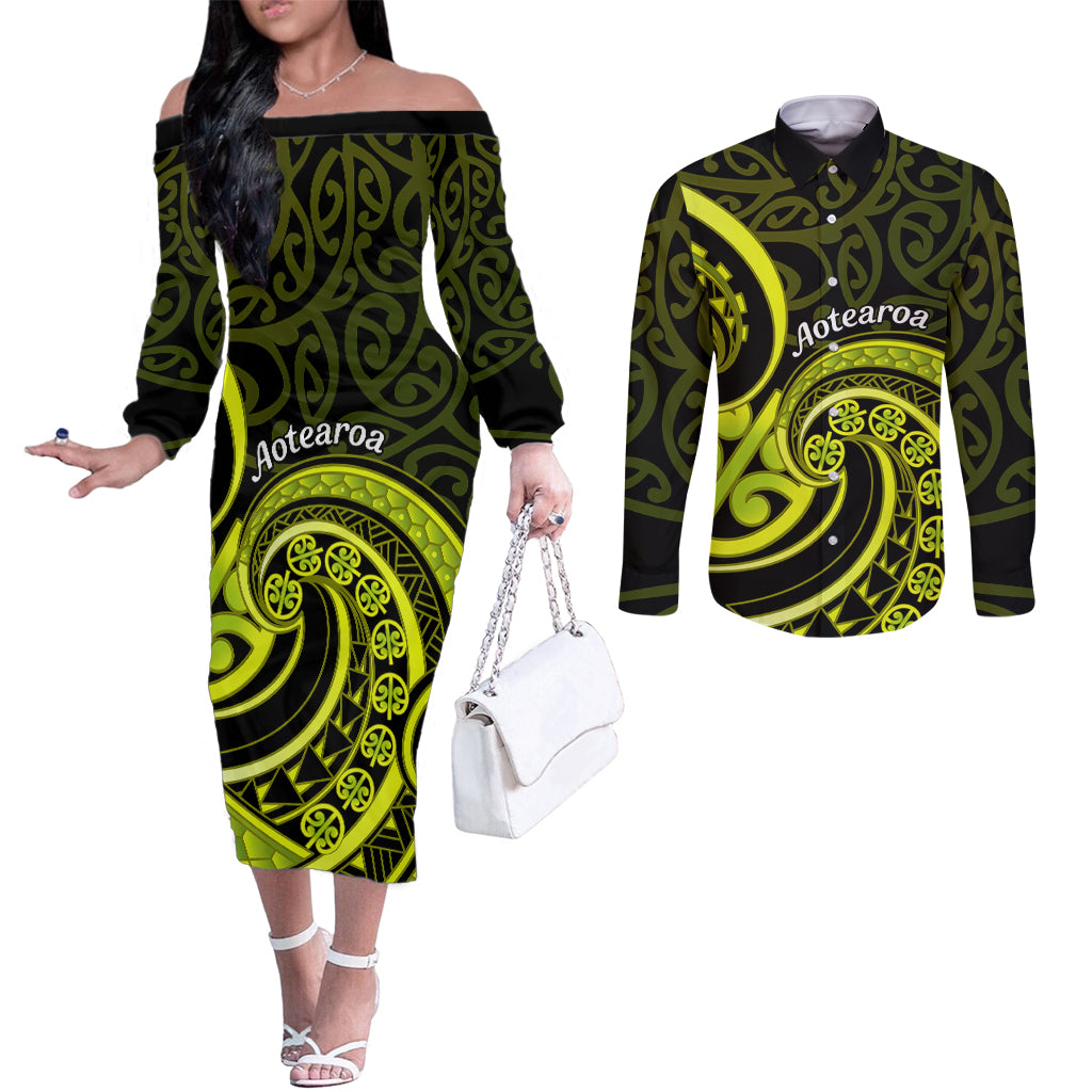 Lime Green New Zealand Mangopare Couples Matching Off The Shoulder Long Sleeve Dress and Long Sleeve Button Shirt Aotearoa Maori Koru Style LT14 Lime Green - Polynesian Pride