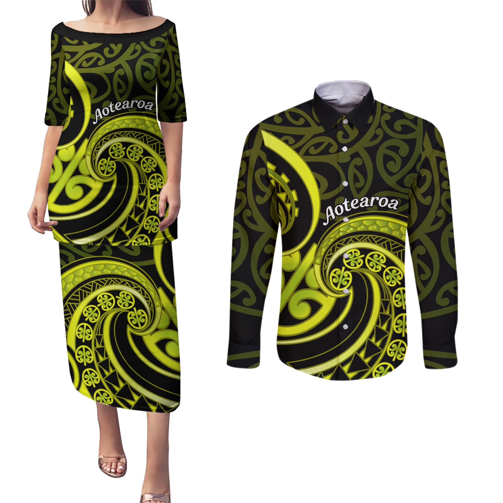 Lime Green New Zealand Mangopare Couples Matching Puletasi and Long Sleeve Button Shirt Aotearoa Maori Koru Style LT14 Lime Green - Polynesian Pride