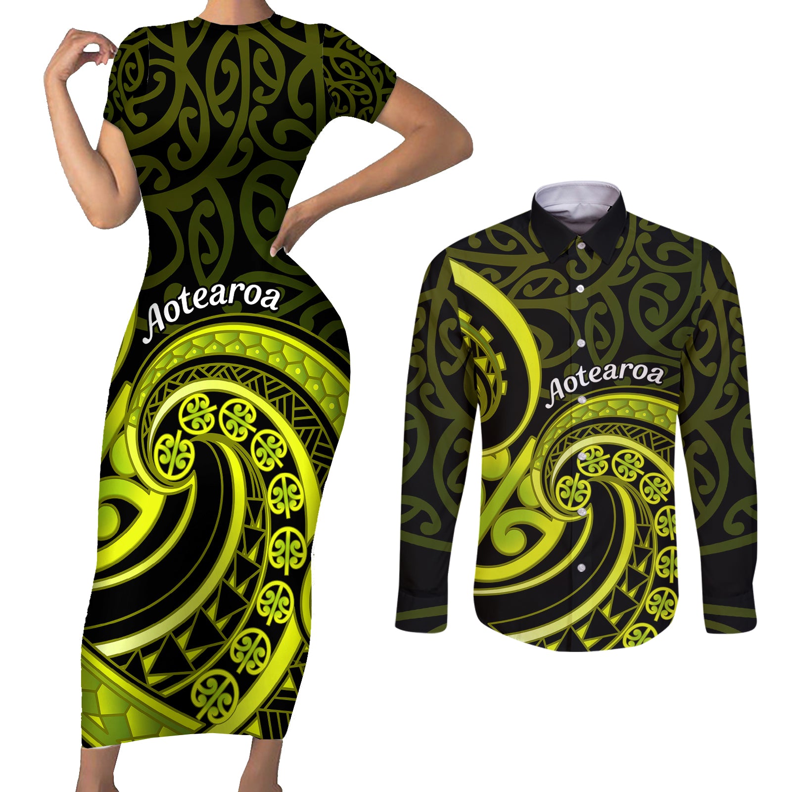 Lime Green New Zealand Mangopare Couples Matching Short Sleeve Bodycon Dress and Long Sleeve Button Shirt Aotearoa Maori Koru Style LT14 Lime Green - Polynesian Pride