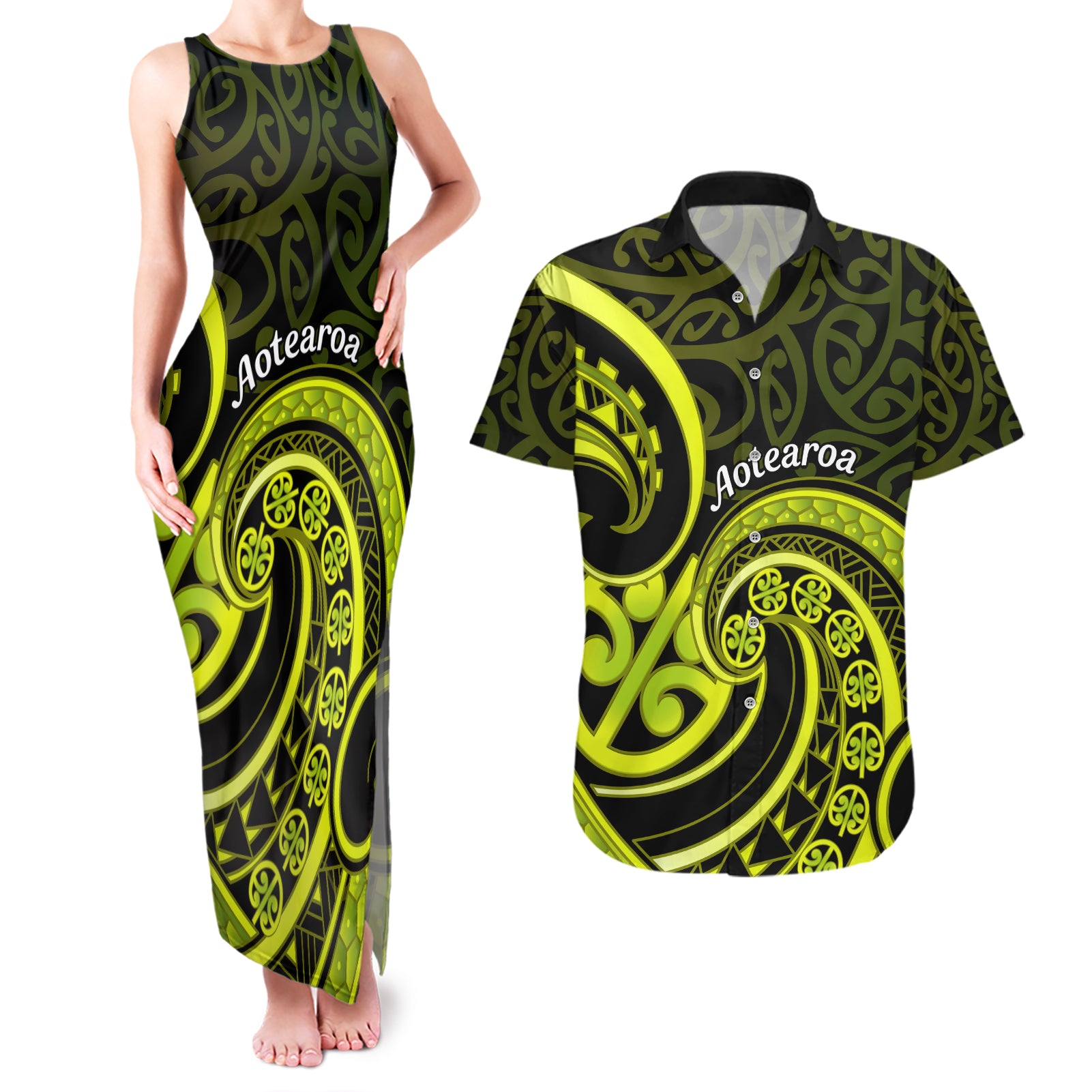 Lime Green New Zealand Mangopare Couples Matching Tank Maxi Dress and Hawaiian Shirt Aotearoa Maori Koru Style LT14 Lime Green - Polynesian Pride