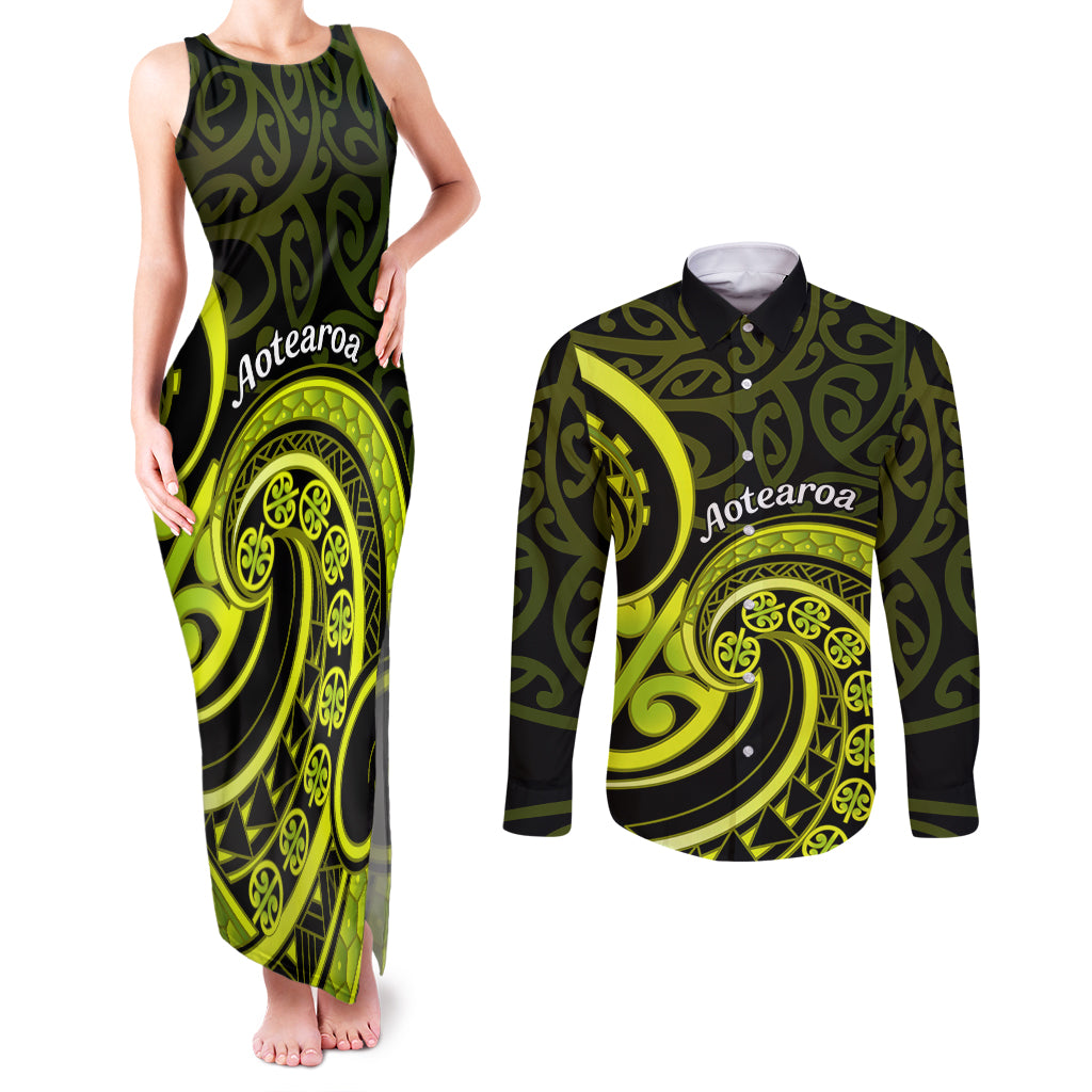 Lime Green New Zealand Mangopare Couples Matching Tank Maxi Dress and Long Sleeve Button Shirt Aotearoa Maori Koru Style LT14 Lime Green - Polynesian Pride