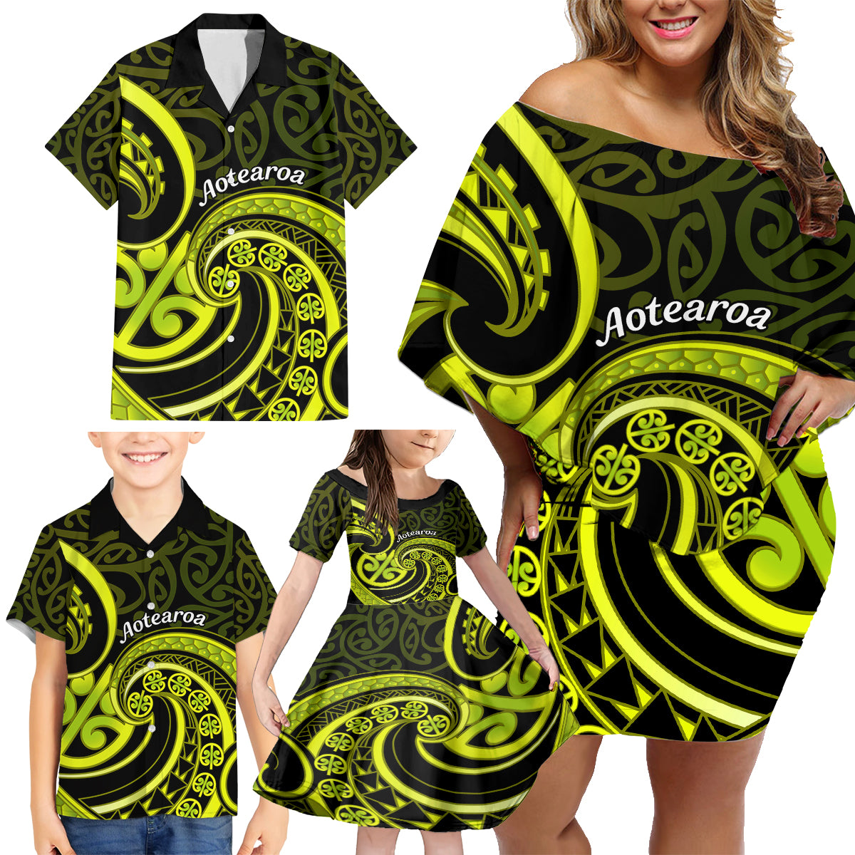 Lime Green New Zealand Mangopare Family Matching Off Shoulder Short Dress and Hawaiian Shirt Aotearoa Maori Koru Style LT14 - Polynesian Pride