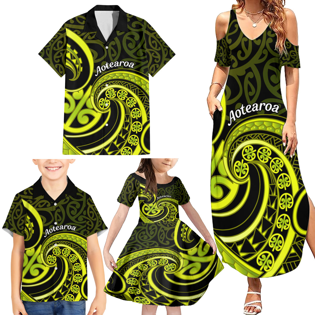 Lime Green New Zealand Mangopare Family Matching Summer Maxi Dress and Hawaiian Shirt Aotearoa Maori Koru Style LT14 - Polynesian Pride