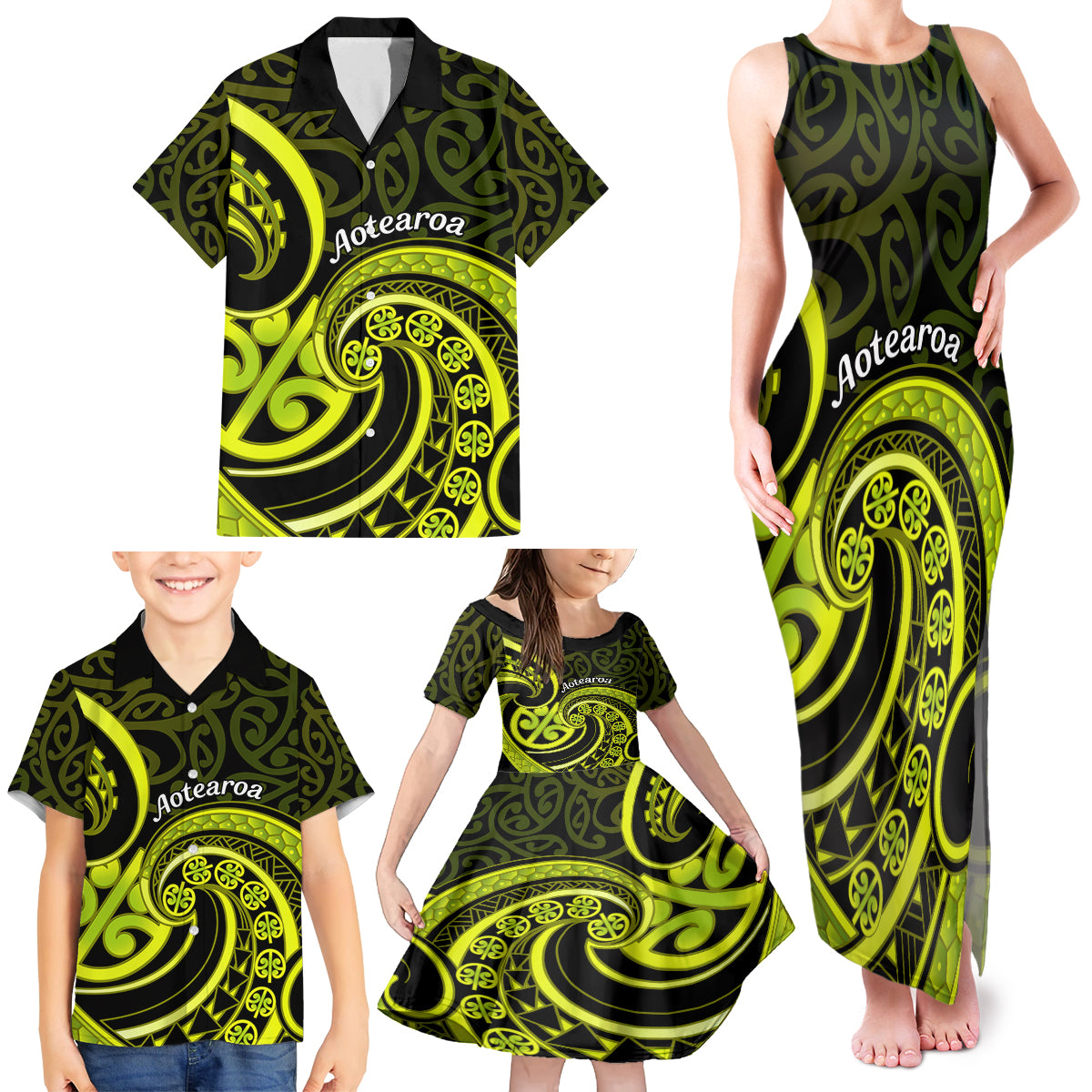 Lime Green New Zealand Mangopare Family Matching Tank Maxi Dress and Hawaiian Shirt Aotearoa Maori Koru Style LT14 - Polynesian Pride