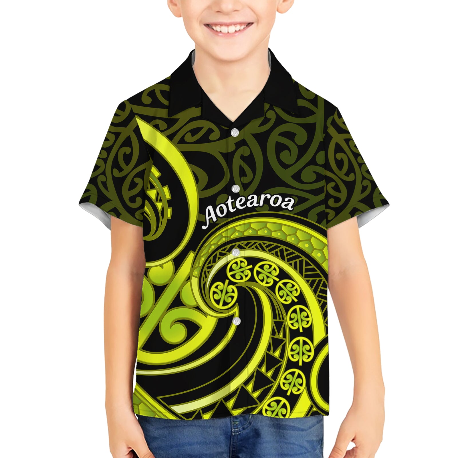 Lime Green New Zealand Mangopare Kid Hawaiian Shirt Aotearoa Maori Koru Style LT14 Kid Lime Green - Polynesian Pride