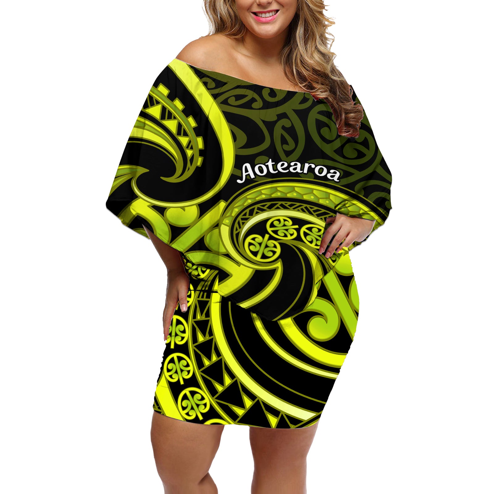 Lime Green New Zealand Mangopare Off Shoulder Short Dress Aotearoa Maori Koru Style LT14 Women Lime Green - Polynesian Pride