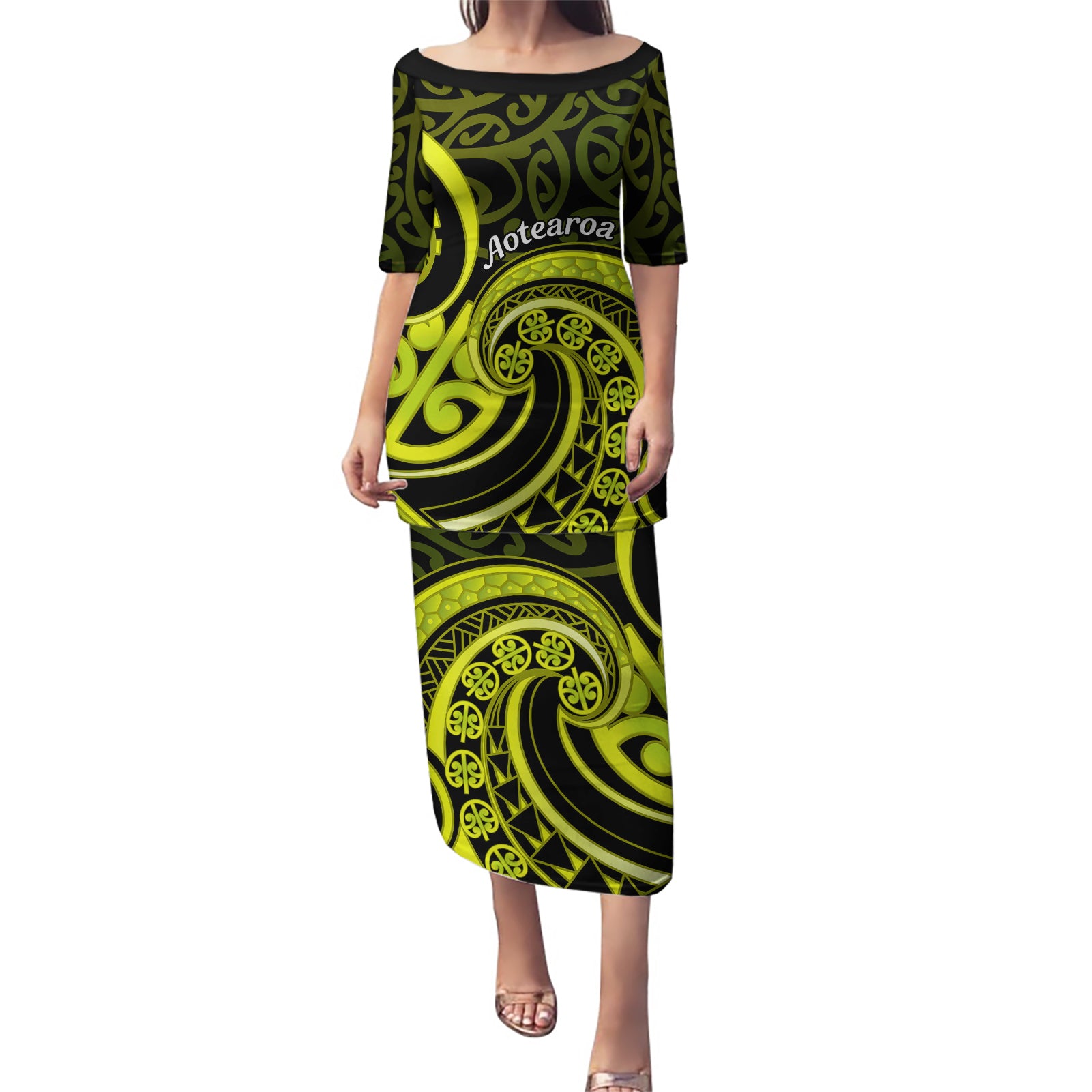 Lime Green New Zealand Mangopare Puletasi Aotearoa Maori Koru Style LT14 Long Dress Lime Green - Polynesian Pride