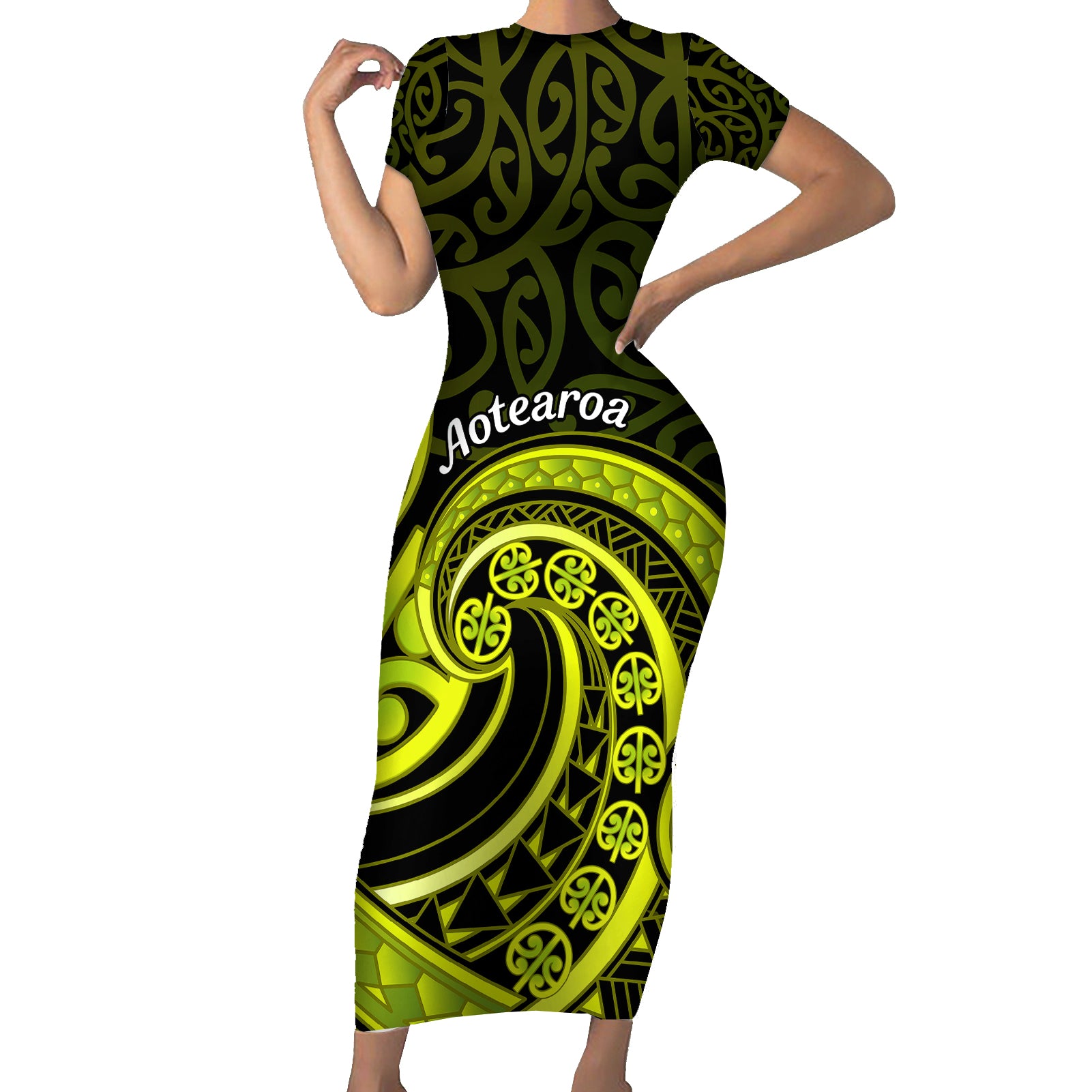 Lime Green New Zealand Mangopare Short Sleeve Bodycon Dress Aotearoa Maori Koru Style LT14 Long Dress Lime Green - Polynesian Pride