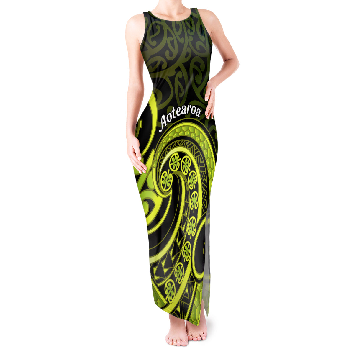 Lime Green New Zealand Mangopare Tank Maxi Dress Aotearoa Maori Koru Style LT14 Women Lime Green - Polynesian Pride