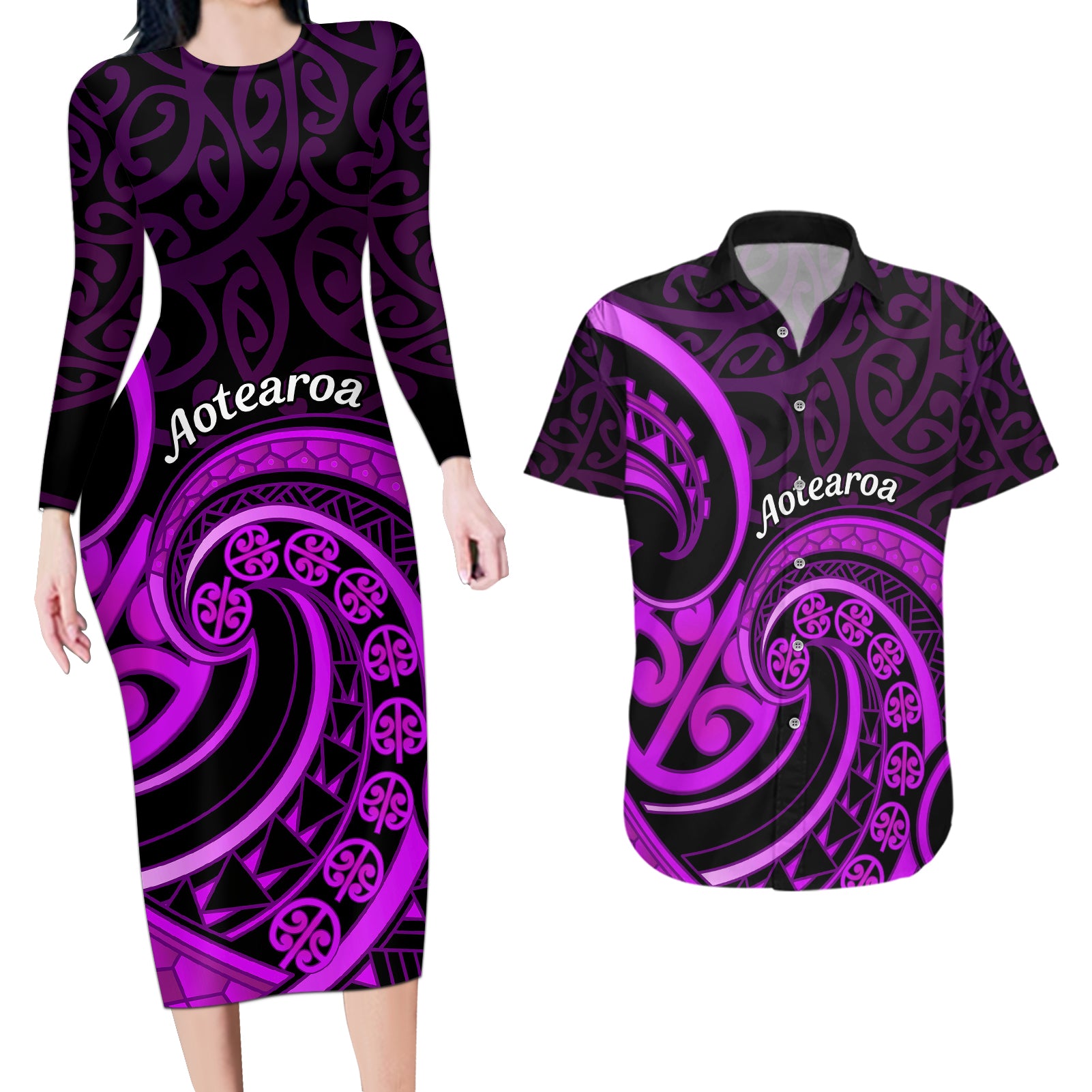 Purple Aotearoa Mangopare Couples Matching Long Sleeve Bodycon Dress and Hawaiian Shirt NZ Maori Koru Style LT14 Purple - Polynesian Pride