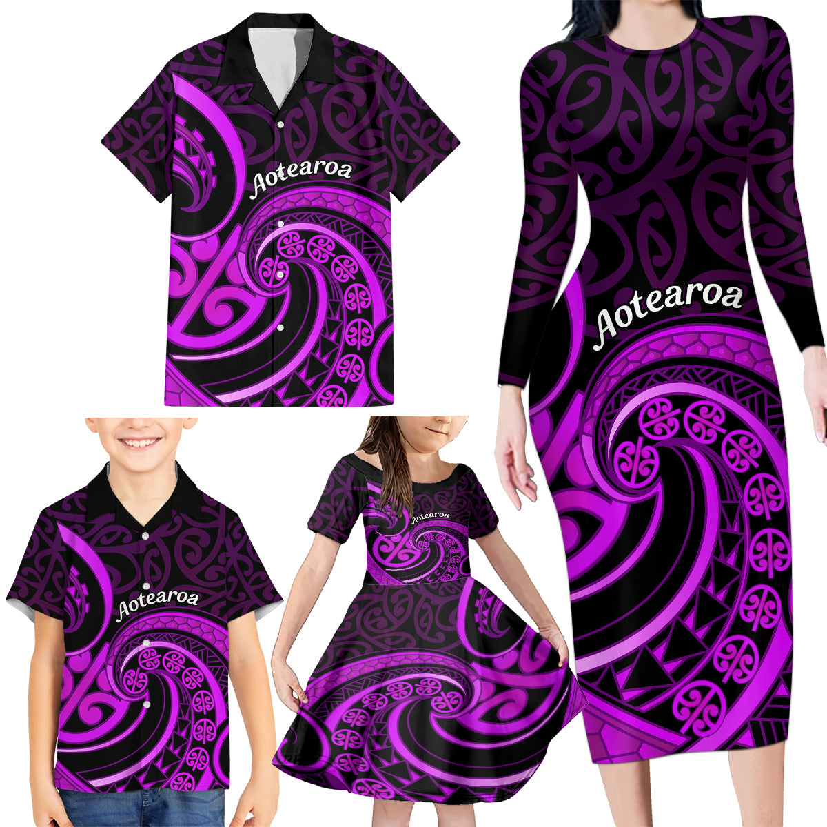 Purple Aotearoa Mangopare Family Matching Long Sleeve Bodycon Dress and Hawaiian Shirt NZ Maori Koru Style LT14 - Polynesian Pride