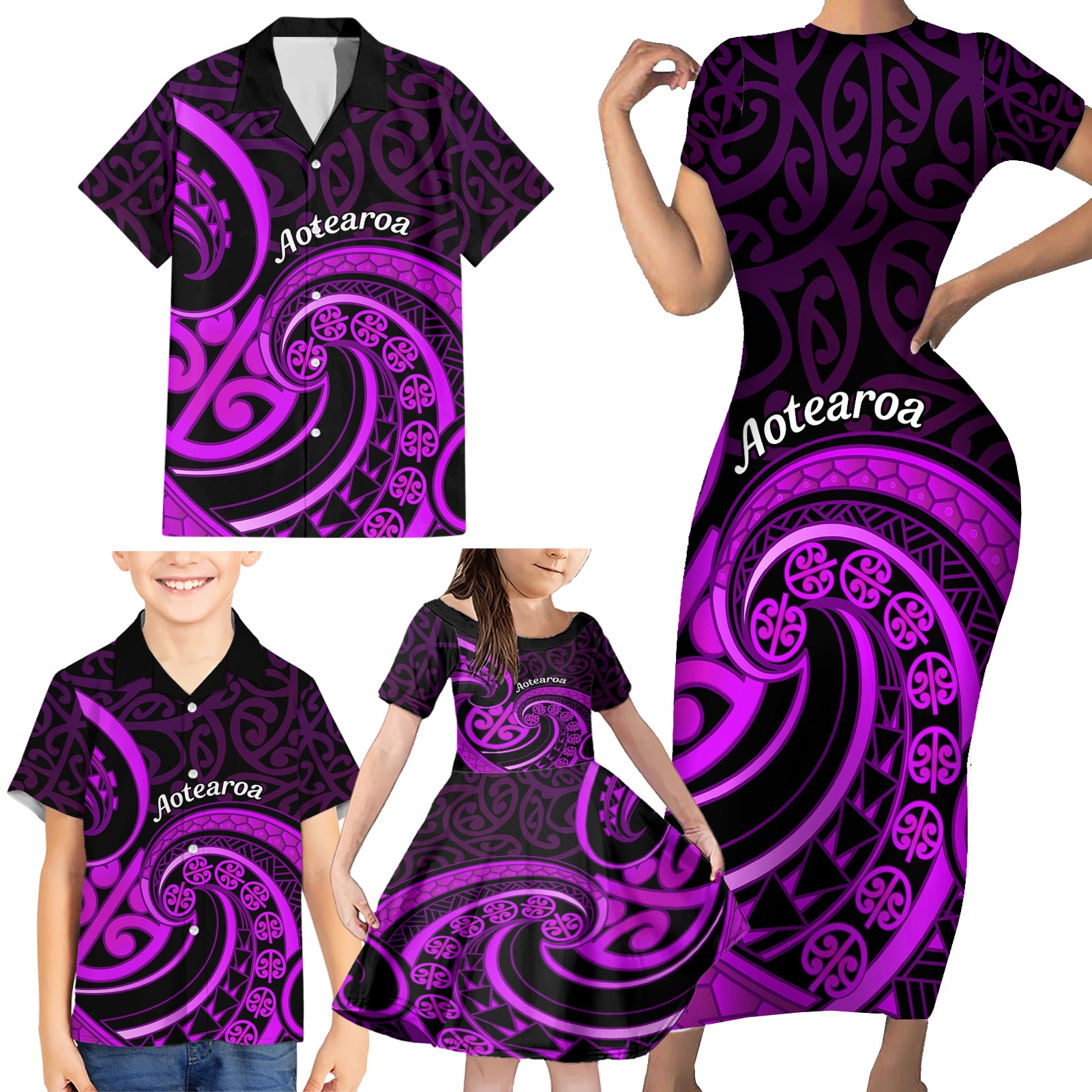 Purple Aotearoa Mangopare Family Matching Short Sleeve Bodycon Dress and Hawaiian Shirt NZ Maori Koru Style LT14 - Polynesian Pride