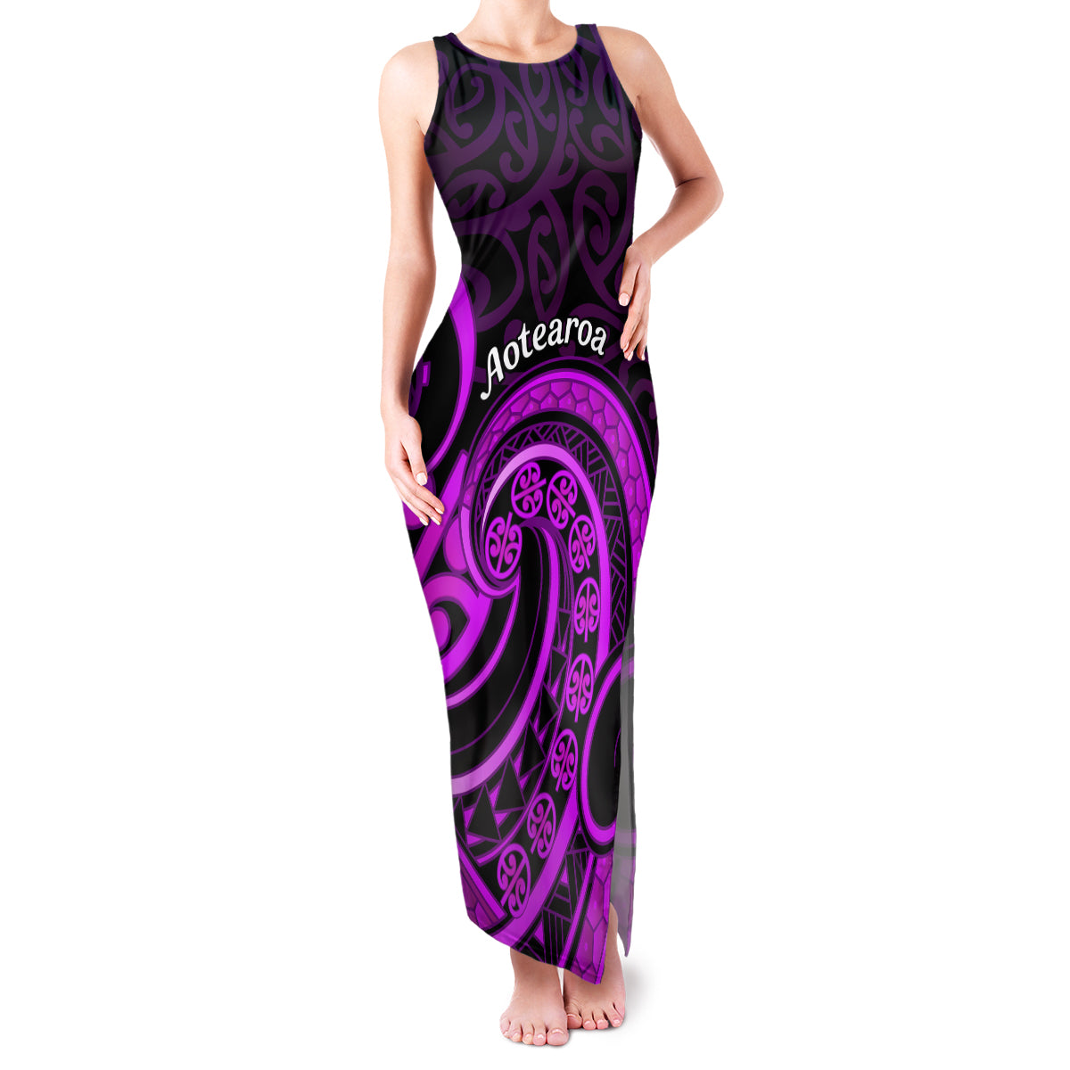 Purple Aotearoa Mangopare Family Matching Tank Maxi Dress and Hawaiian Shirt NZ Maori Koru Style LT14 Mom's Dress Purple - Polynesian Pride